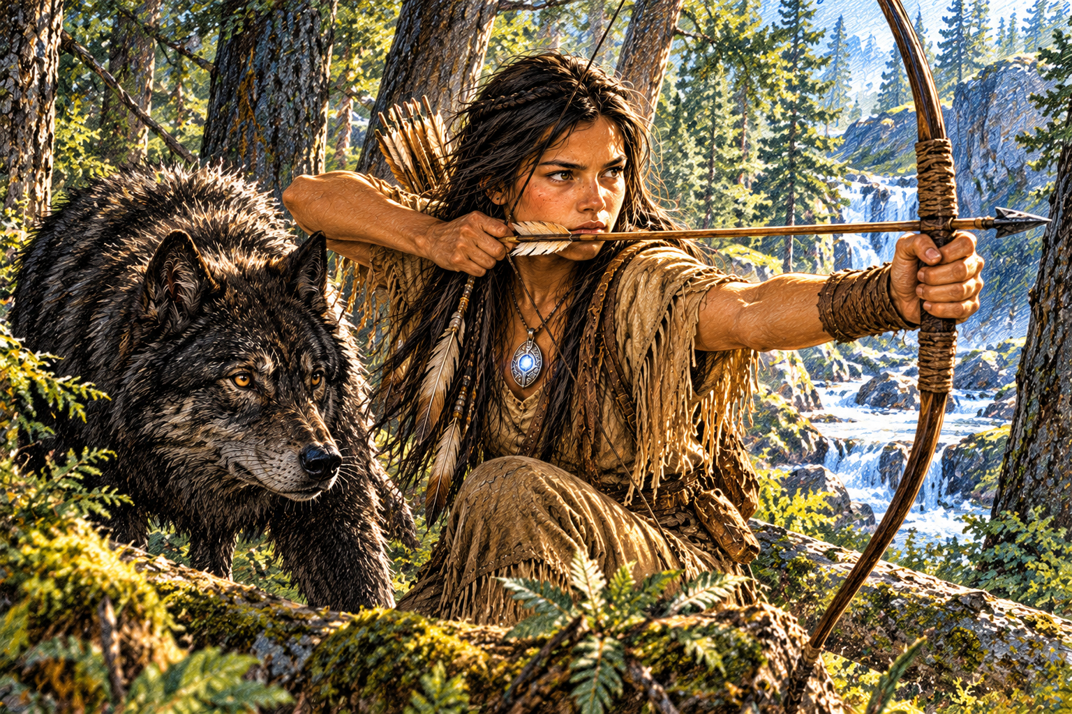 Onese and her wolf companion Dah on an adventure